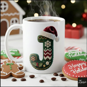 Caneca De Café Suéter de Tricô de Natal com Letra J e Chapéu de P