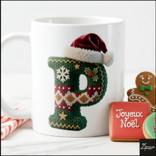 Caneca De Café Suéter de Tricô de Natal com Letra P e Chapéu de P