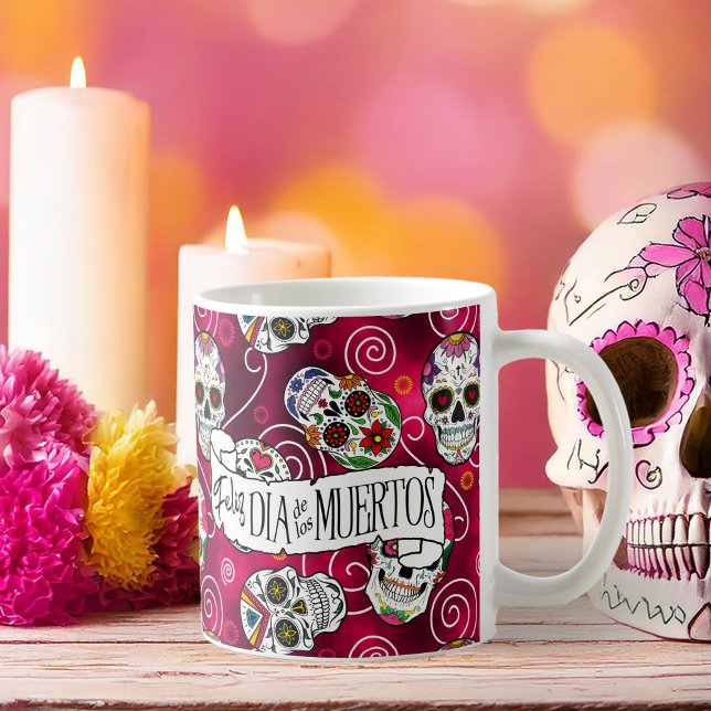 Caneca De Café Sugar Skulls and Swirls Rosa Red ID725 (Criador carregado)