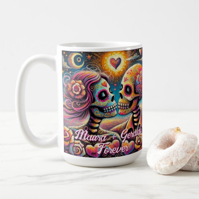 Caneca De Café Sugar Skulls in Love Chalk Pastel Personalized (Com Donut)