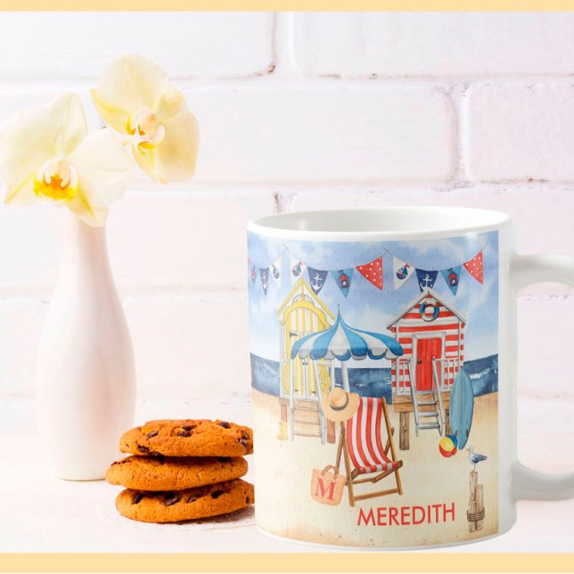 Caneca De Café Summer Shore Beach Ocean Name Monograma (Criador carregado)