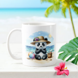 Caneca De Café Summer Watercolor Baby Panda na praia