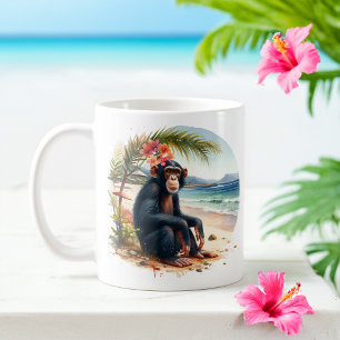 Caneca De Café Summer Watercolor Chimpanzé na praia