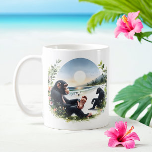 Caneca De Café Summer Watercolor Chimpanzés na praia