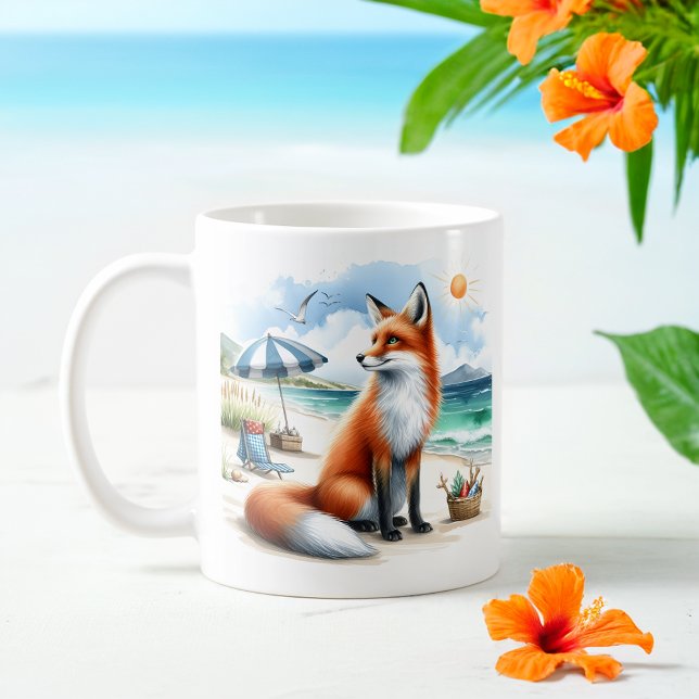 Caneca De Café Summer Watercolor Fox na praia (Criador carregado)