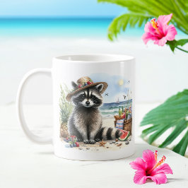 Caneca De Café Summer Watercolor Raccoon na praia