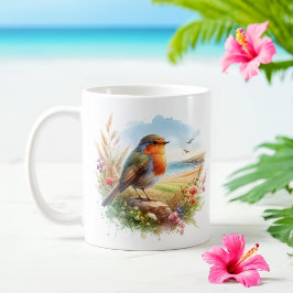 Caneca De Café Summer Watercolor Robin na praia