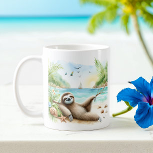 Caneca De Café Summer Watercolor Sloth na praia