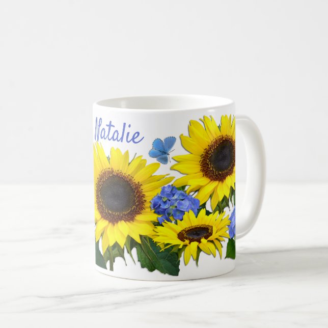 Caneca De Café Sunflower e Hydrangea Nome personalizado Café Mug (Frente Esquerda)