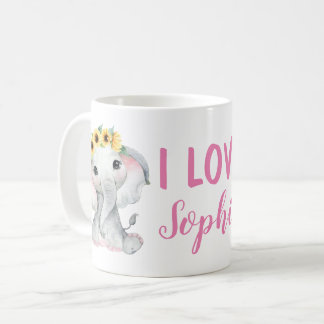 Caneca De Café Sunflower Elephant Custom Name Mug Girl Amarelo