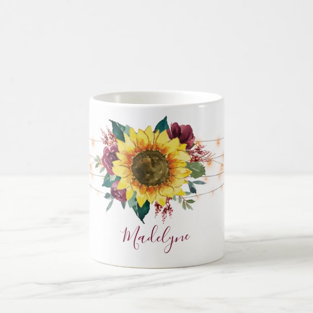 Caneca De Café Sunflower String Lights Monograma floral (Centro)