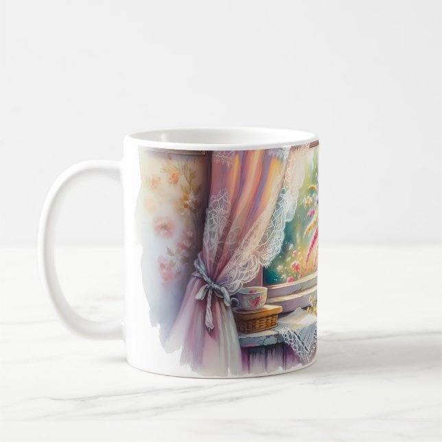 Caneca De Café Sunlit Cottage Window Wildflowers (Esquerda)