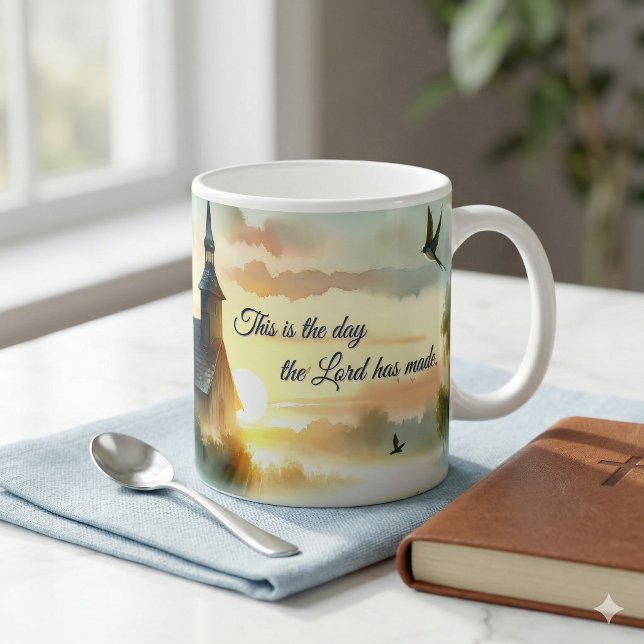 Caneca De Café Sunrise Church with Birds in Misty Meadow Text (Sunrise Church with Birds in Misty Meadow Text Coffee Mug On Kitchen Island)