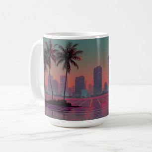 Caneca De Café Sunset de paisagem digital de onda digital retrora
