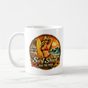 Caneca De Café Surf Shack Surfista Pin-Up   Cavalgar a Onda Praia