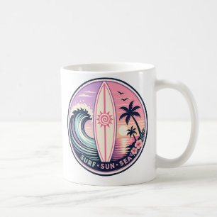 Caneca De Café Surf • Sol • Mar Insígnia de Onda Tropical Retro