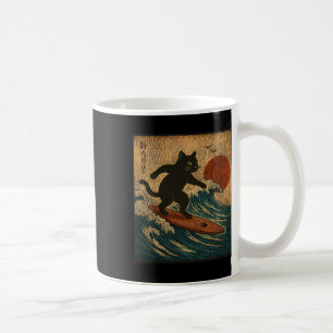 Caneca De Café Surfando Gato Preto Estilo de Arte Japonês Distres