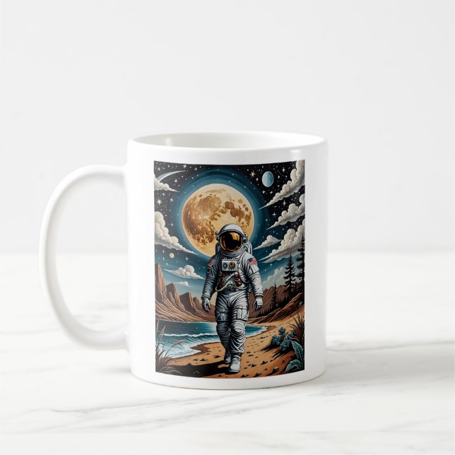 Caneca De Café Surreal Astronauta Paisagem da Lua T Camisa (Esquerda)