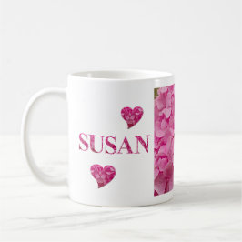 Caneca De Café "Susan" Hydrangea Pink Letras Florais e Coração Bo