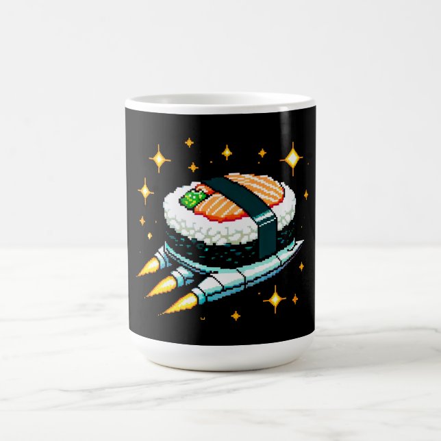 Caneca De Café Sushi Spaceship Pixel Art Voando Sushi Roll Design (Centro)