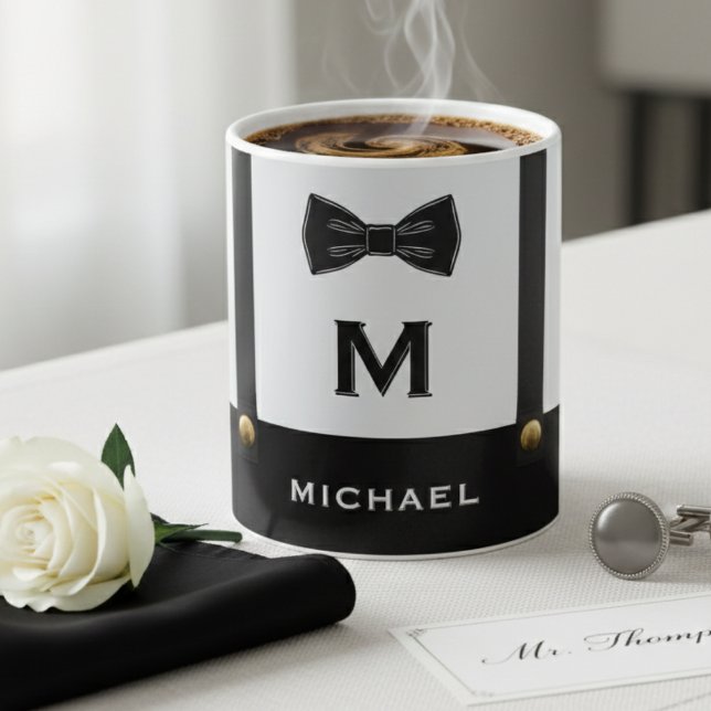 Caneca De Café Suspenders & Bowtie Name Monogram Boy  (Criador carregado)