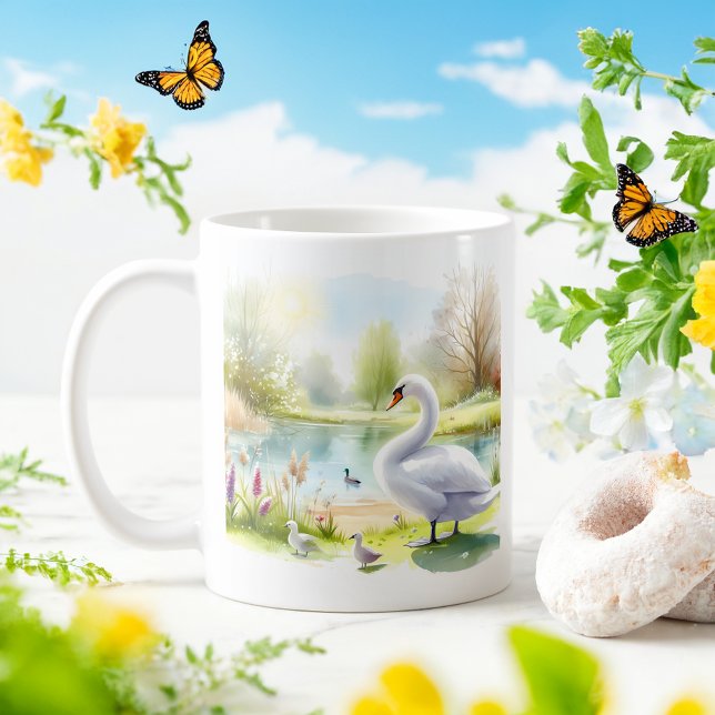 Caneca De Café Swan primavera Watercolor (Criador carregado)