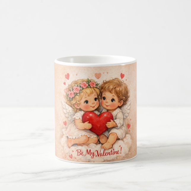 Caneca De Café Sweet folk-style Valentine card with angel childre (Centro)