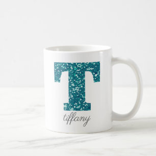 Caneca De Café T Monograma Brilhante Turquesa Personalizado