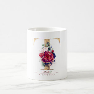 Caneca De Café T Monograma Floral Vermelho Borgonha e Marinho Azu
