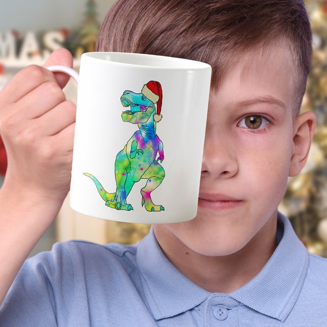 Caneca De Café T-Rex Dinossauro Engraçado Natal (Christmas dinosaur T-Rex Santa colorful holiday mug)