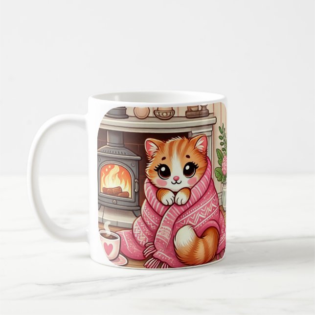 Caneca De Café Tabby Cat Em Uma Cama De Café De Poema Em Branco (Esquerda)