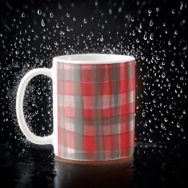 Caneca De Café Tambor de xadrez de búfalo tartan de cinza vermelh