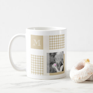 Caneca De Café Tan Adicionar Sua Foto Gingham Modern Brown Monogr