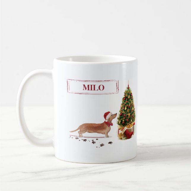 Caneca De Café Tan Dachshund Engraçado Cachorro de Natal com Árvo (Esquerda)