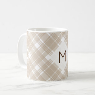 Caneca De Café Tan e monograma branco da xadrez de Tartan