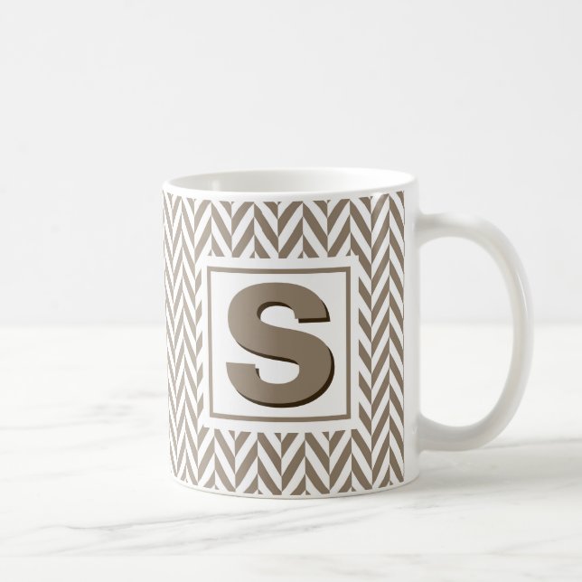 Caneca De Café Tan White Herringbone Monograma (Direita)