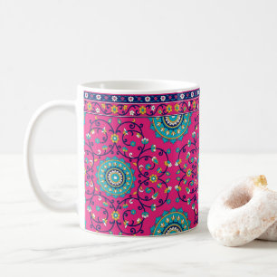Caneca De Café Tapeçaria Floral Boho Marroquina Rosa Vibrante