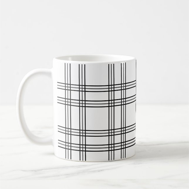 Caneca De Café Tartan de Xadrez branca com linhas pretas (Esquerda)
