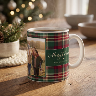 Caneca De Café Tartan Xadrez Natal Personalizado com Duas Fotos