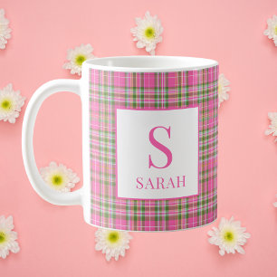 Caneca De Café Tartan Xadrez Rosa Clássico Monograma Nome