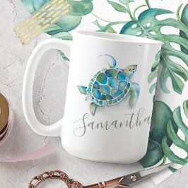 Caneca De Café Tartaruga Costeira Azul e Verde do Mar Personaliza