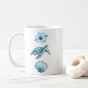 Caneca De Café Tartaruga Marinha em Aquarela Azul e Elementos Cos