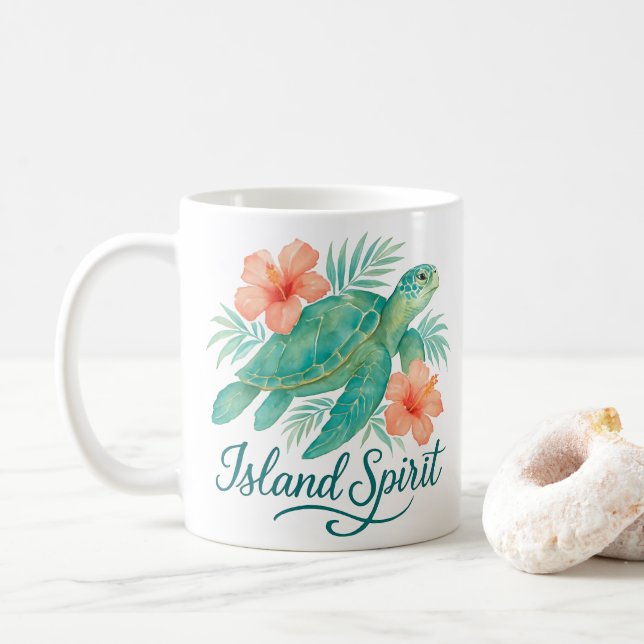 Caneca De Café Tartaruga tropical com Hibiscus e Foliage (Com Donut)