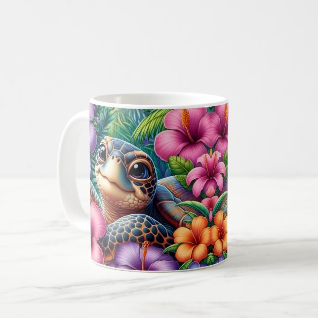 Caneca De Café Tartaruga Tropical Vibrante (Frente Esquerda)
