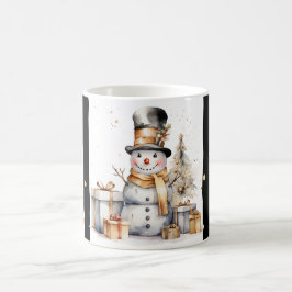 Caneca De Café Tasse Snowman Watercolor Stripes Black Gold Var05