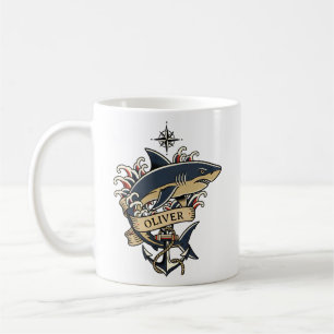 Caneca De Café Tatuagem de Âncora Náutica de Tubarão Tradicional