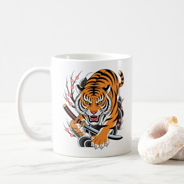 Caneca De Café Tatuagem Japonesa Tiger Mug - Tigre Laranja Aperta (Com Donut)