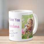 Caneca De Café Te Amo Avó Foto Rosa Púrpura<br><div class="desc">Celebre a vovó com esta design personalizada com duas fotos de um neto ou netos e texto roxo e rosa. Você pode personalizar a expressão para "Eu te amo" ou "Nós te amamos", e personalizar se ela é chamada de "vovó", "Nana", "Mãe", etc. Você também pode adicionar o nome e...</div>