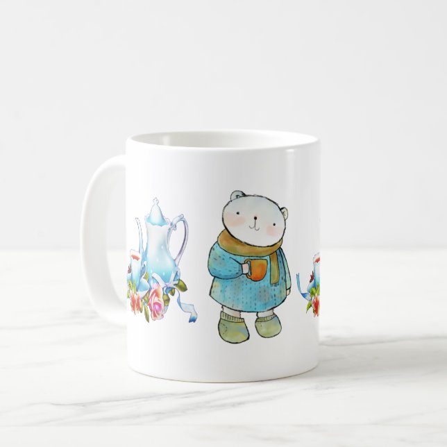 Caneca De Café Tea Time Blue Bear com Design de bule (Frente Esquerda)