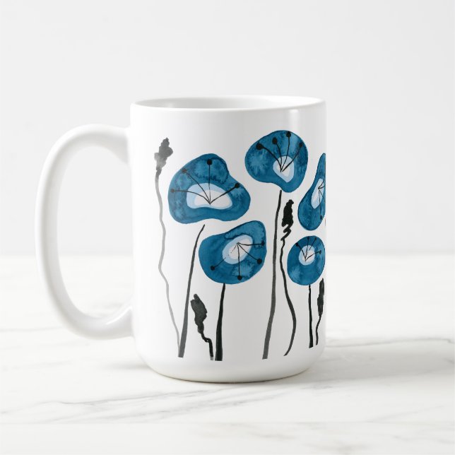 Caneca De Café Teal Blue Poppies Aquarela Flores de Chá e (Esquerda)